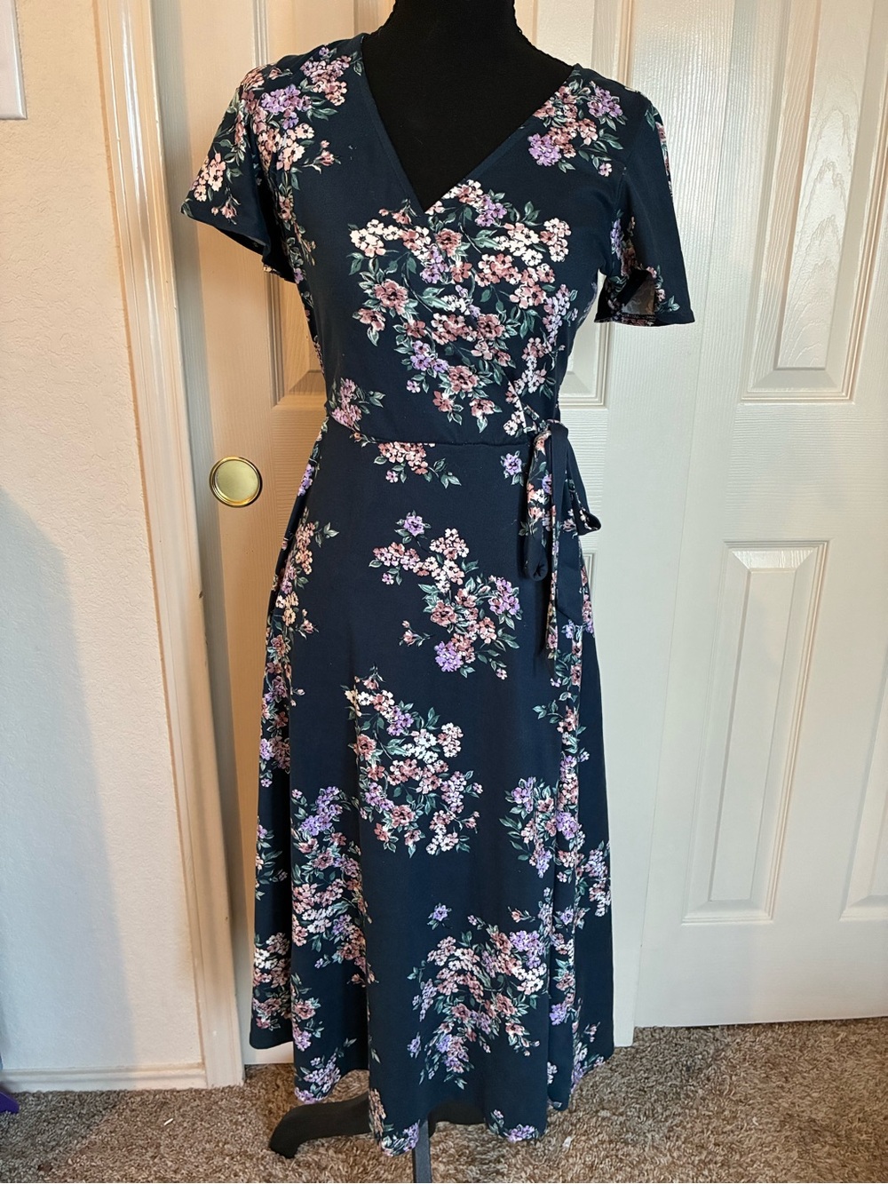 Navy Floral Wrap Midi Dress with Pink & Lavender Blooms